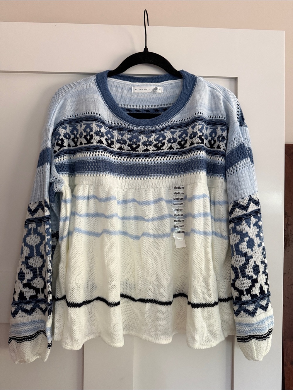 Altar’d State NWOT Fair Isle Pointelle Blue & Ivory Cropped Sweater